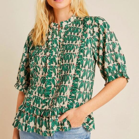 Maeve Tops - Maeve by Anthropologie Blouse Birdie Ruffled Button Down Cream Green Size 2